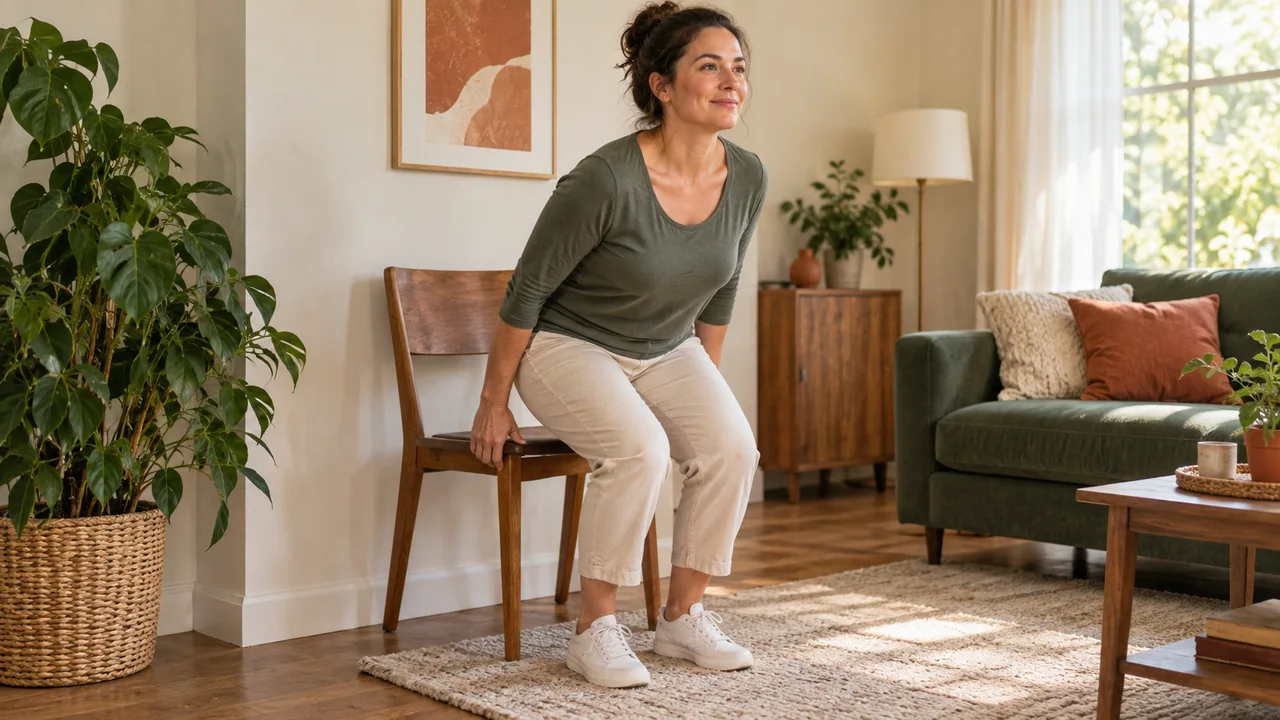 Une femme commence à se relever d’une chaise en bois dans un salon.