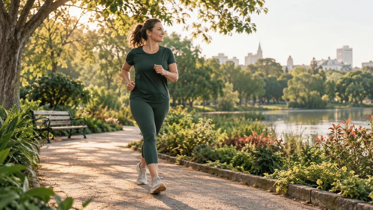 Une femme en tenue de sport se déplace sur une allée dans un parc.